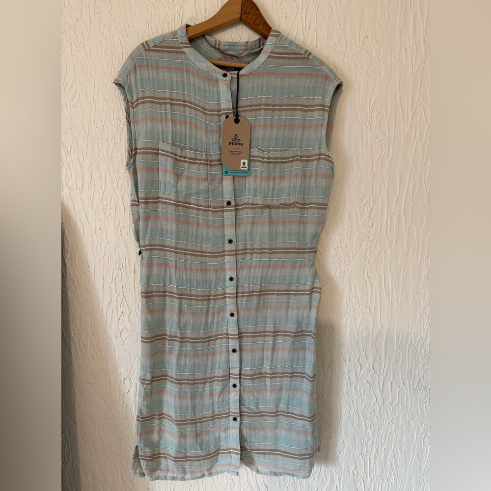 Prana Blue and Tan Striped Midi Dress